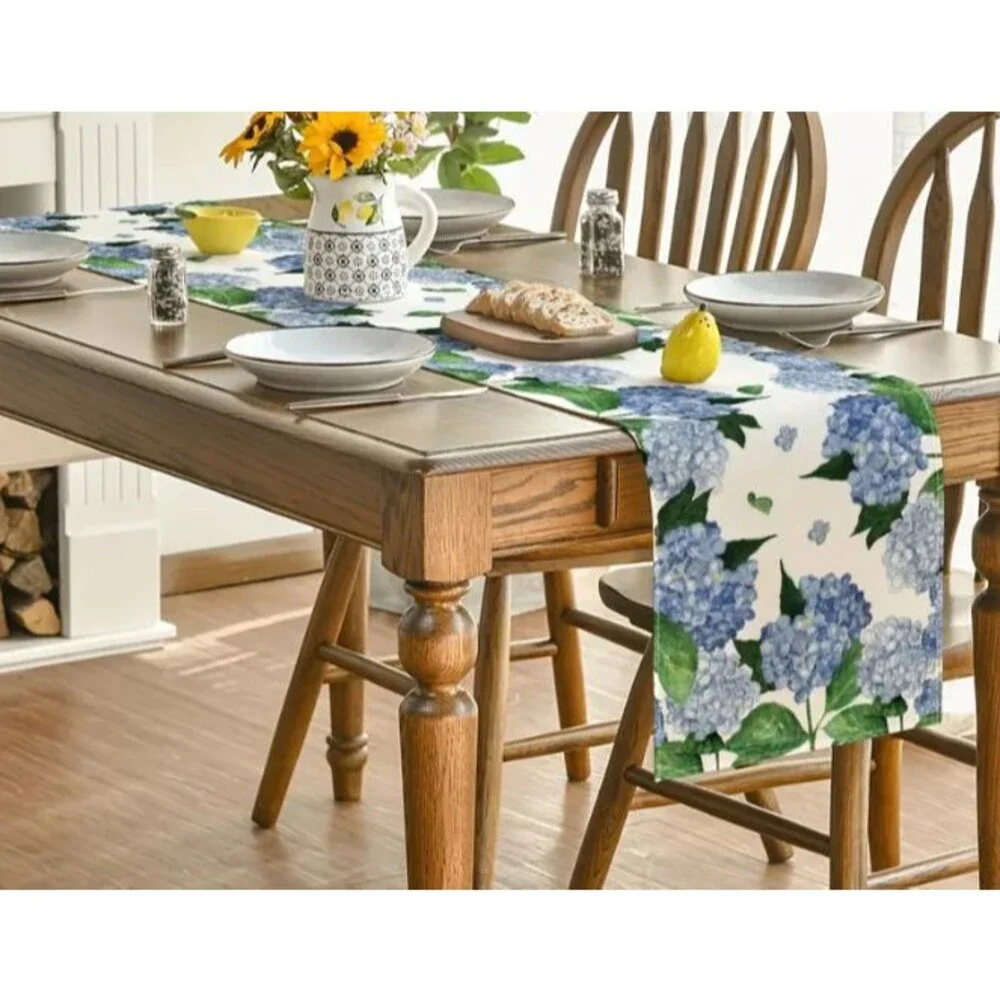 Table Runner 13x72in Blue Hydrangea Country Flowers Woven Polyester NEW